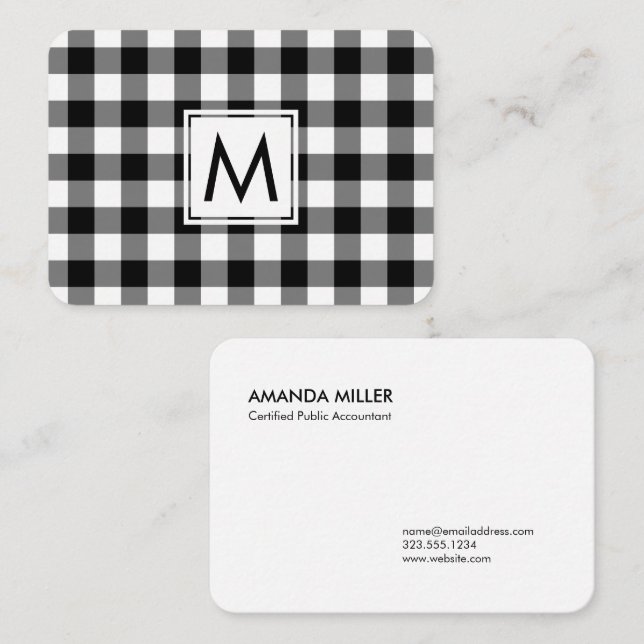 Monogrammed Bold Black White Buffalo Plaid Pattern Business Card (Front/Back)