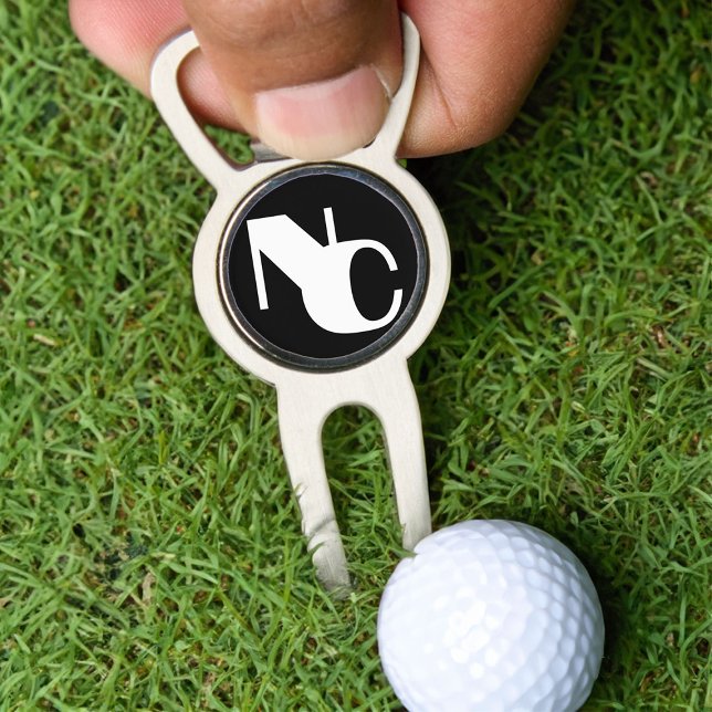 Monogrammed Bold Initials Black and White Divot Tool (Monogrammed Golf Gift with Modern Overlapping Double Initials )