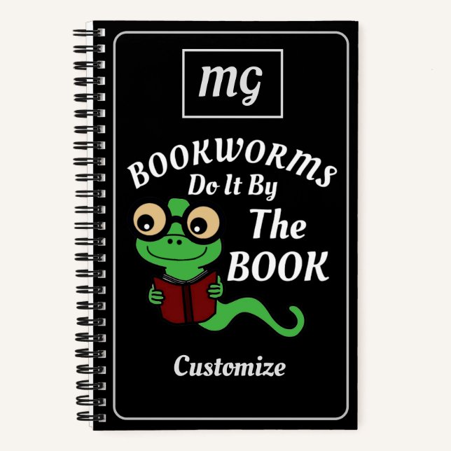 Monogrammed Bookworm Humor Black Custom Notebook (Front)