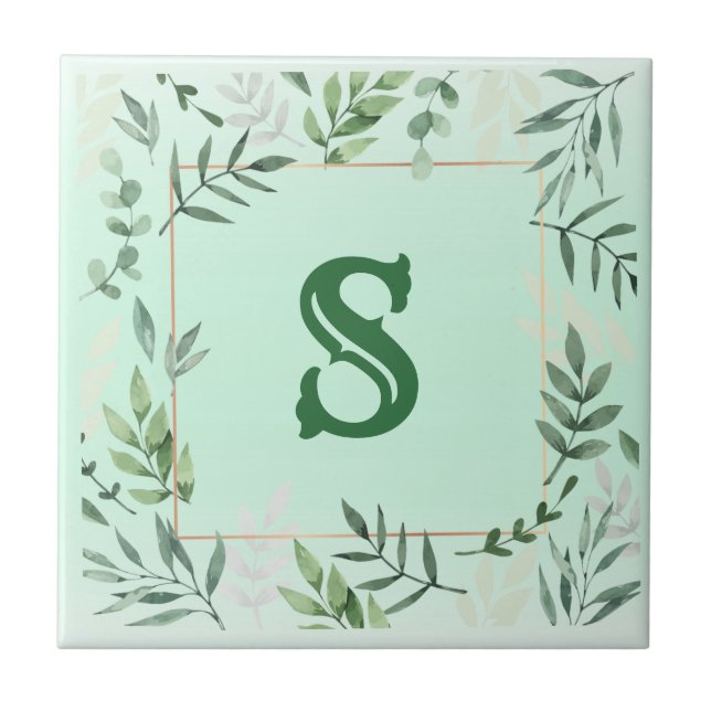Monogrammed Botanical Ceramic Tile (Front)