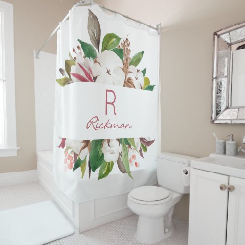 Monogrammed Botanical Floral and Greenery Shower Curtain