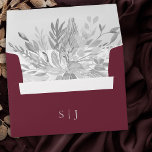 Monogrammed Botanical Foliage Burgundy Grey Envelope<br><div class="desc">Monogrammed wedding invitation envelopes in a duet of burgundy and grey, to complement your wedding color theme. The outside can be customized with the bride and groom initials. Inside is decorated with watercolor leaves and foliage in shades of grey. Elegant, leafy design with modern styling and a rich, sophisticated color...</div>