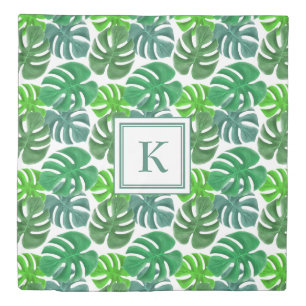 Monogrammed Botanical Green Leaves Pattern Duvet Cover