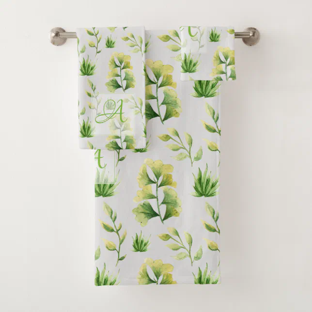 Monogrammed Botanical Leaves Watercolor Green Deco Bath Towel Set | Zazzle