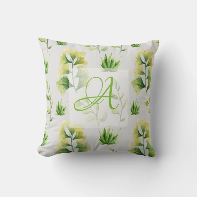 Monogrammed Botanical Leaves Watercolor Green Deco Throw Pillow (Front)