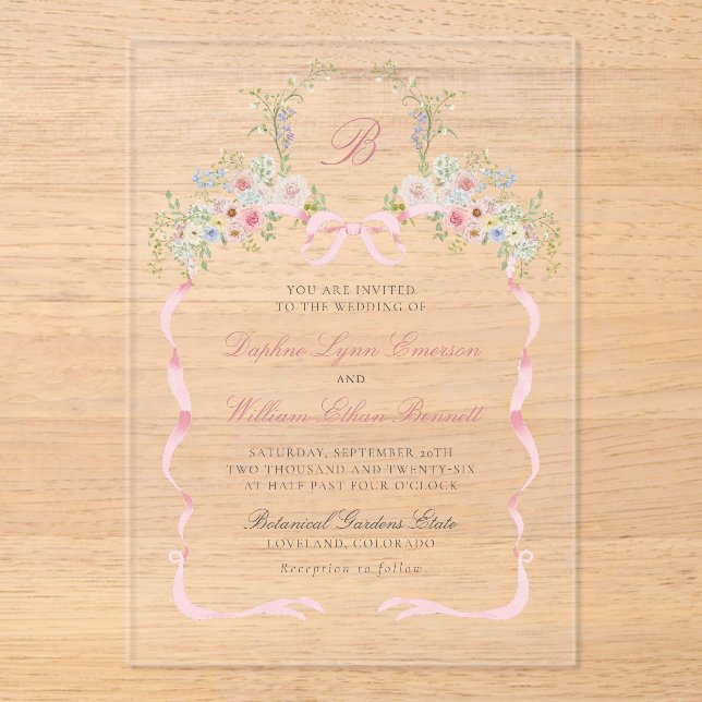 Monogrammed Bows and Florals Wedding Acrylic Invitations (Front)
