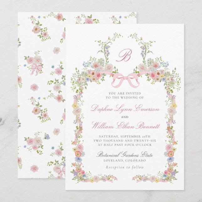 Monogrammed Bows and Wildflowers Wedding Invitation (Front/Back)