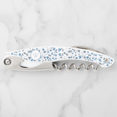 Monogrammed Bridesmaid Blue Floral Wedding  Waiters Corkscrew