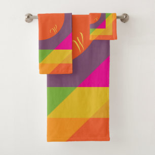 Monogrammed Bright Colorful Geometric Pattern Bath Towel Set