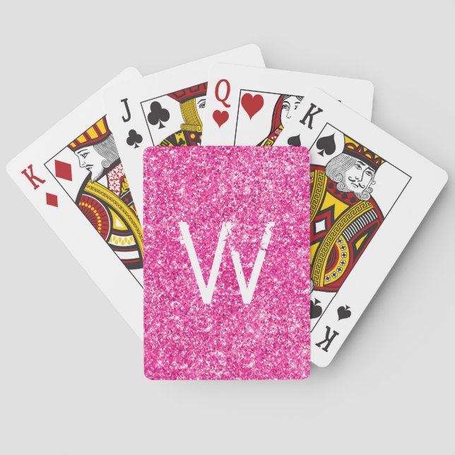 Monogrammed Bright Pink Glitter Poker Cards (Back)