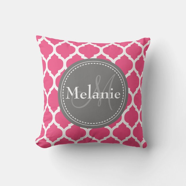Monogrammed Bright Pink & Grey Quatrefoil Throw Pillow (Front)
