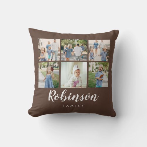 Monogrammed Brown 6 Photo Collage Classic Family Throw Pillow
