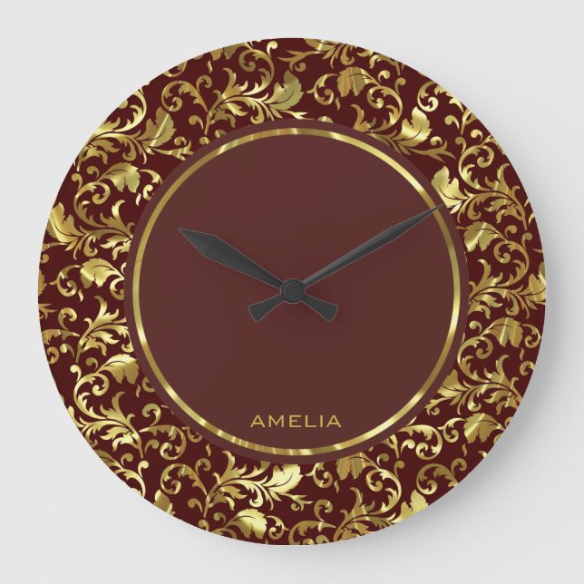 Monogrammed Brown And Gold Vintage Damasks Large Clock (Front)