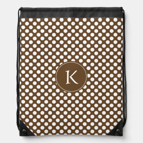 Monogrammed Brown and White Polka Dot Drawstring Bag