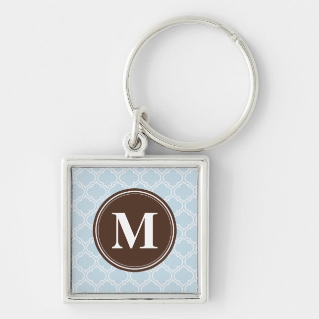 Monogrammed Brown Baby Blue Trellis Pattern Keychain (Front)