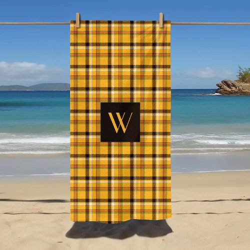 Monogrammed Brown Beige Checks Plaid Pattern Beach Towel