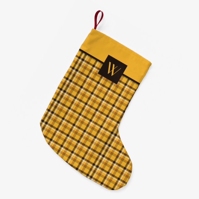 Monogrammed Brown Beige Checks Plaid Pattern Small Christmas Stocking (Front (Hanging))