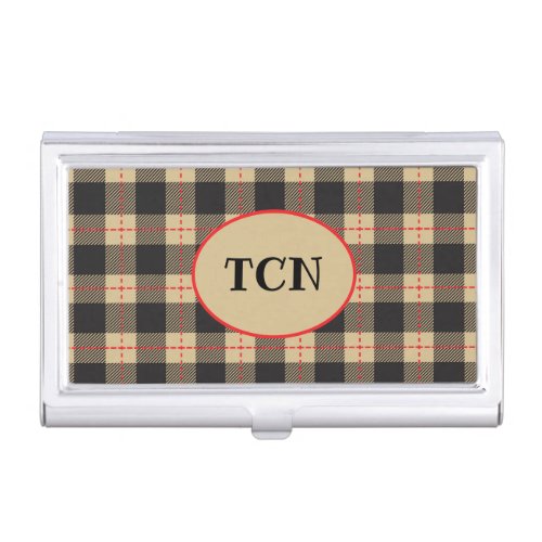 Monogrammed Brown Black and Red Buffalo Plaid  Business Card Case