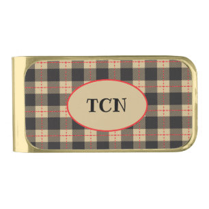 Monogrammed Brown Black and Red Buffalo Plaid Gold Finish Money Clip
