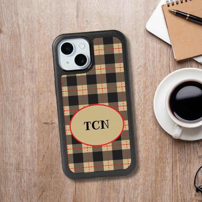Monogrammed Brown Black and Red Buffalo Plaid iPhone 15 Case (Monogrammed Initials, Red Brown Black Buffalo Plaid Otterbox iPhone case)