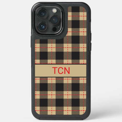 Monogrammed Brown Black and Red Buffalo Plaid  iPhone 13 Pro Max Case