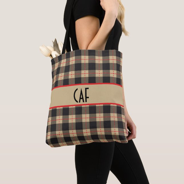 Monogrammed Brown Black and Red Buffalo Plaid  Tote Bag (Close Up)