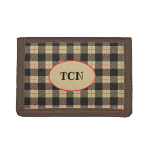 Monogrammed Brown Black and Red Buffalo Plaid Tri-fold Wallet