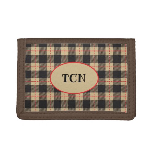 Monogrammed Brown Black and Red Buffalo Plaid Trifold Wallet