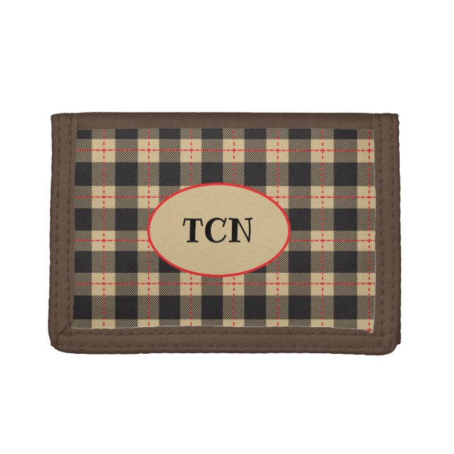 Monogrammed Brown Black and Red Buffalo Plaid Trifold Wallet (Front)