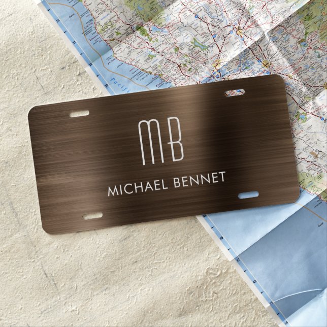 Monogrammed Brown Brushed Metallic License Plate (In Situ)