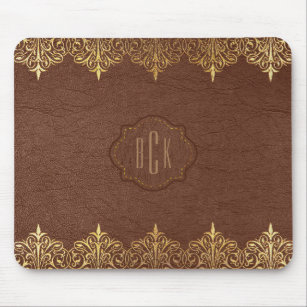 Monogrammed Brown Faux Leather Gold Lace Accent Mouse Pad