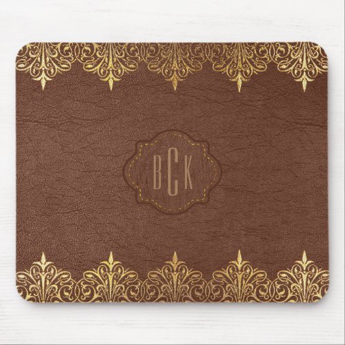Monogrammed Brown Faux Leather Gold Lace Accent Mouse Pad