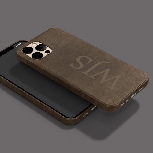 Monogrammed brown faux leather look masculine iPhone 15 case