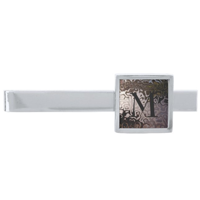 Monogrammed Brown Grey Shimmering Snakeskin Effect Silver Finish Tie Clip (Front)
