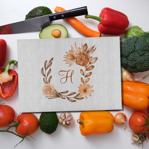 Monogrammed Brown Peach Floral Autumn Fall Colors Cutting Board