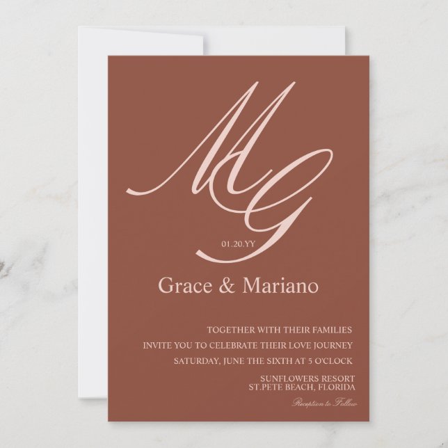Monogrammed Brown Pink Muted Wedding   Invitation (Front)