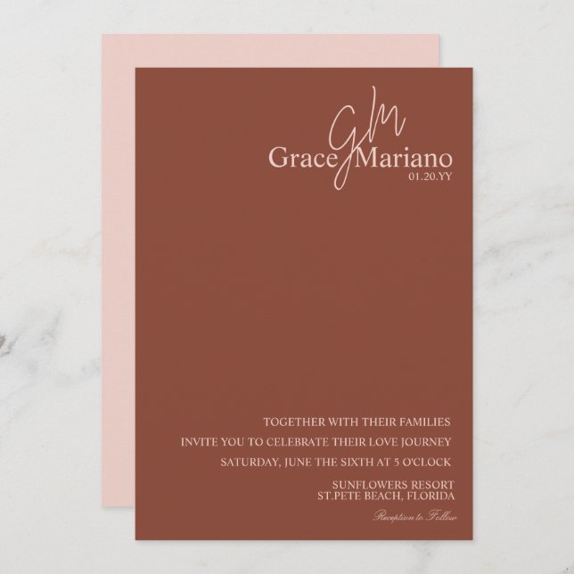 Monogrammed Brown Pink Script Logo Wedding   Invitation (Front/Back)