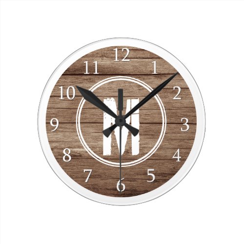 Monogrammed Brown White Distressed Wood Round Clock