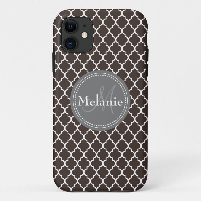 Monogrammed Brown White Moroccan Lattice Pattern Case-Mate iPhone Case (Back)