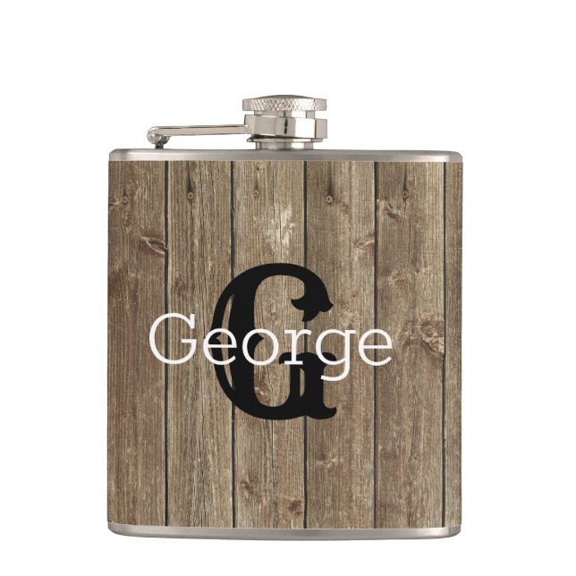 Monogrammed Brown Wood Handsome Modern Flask (Front)