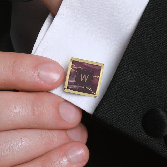 Monogrammed Burgundy Agate Gold Square Cufflinks (Creator Uploaded)