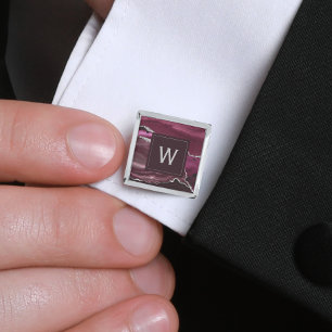 Monogrammed Burgundy Agate Silver Square Cufflinks