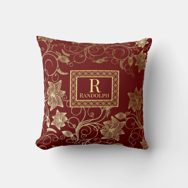 Monogrammed Burgundy And Gold Floral Throw Pillow (Front)