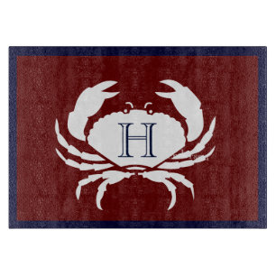 Monogrammed Burgundy Navy Blue White Crab Nautical Cutting Board