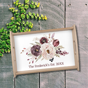 Monogrammed Burgundy Purple Maroon White Floral Serving Tray