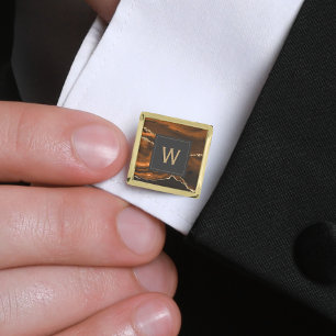 Monogrammed Burnt Orange Agate Gold Dark Square Cufflinks