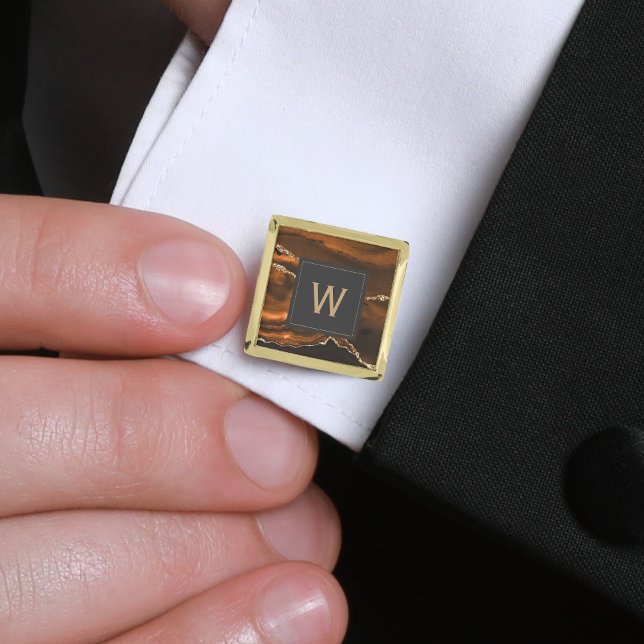 Monogrammed Burnt Orange Agate Gold Dark Square Cufflinks (Creator Uploaded)