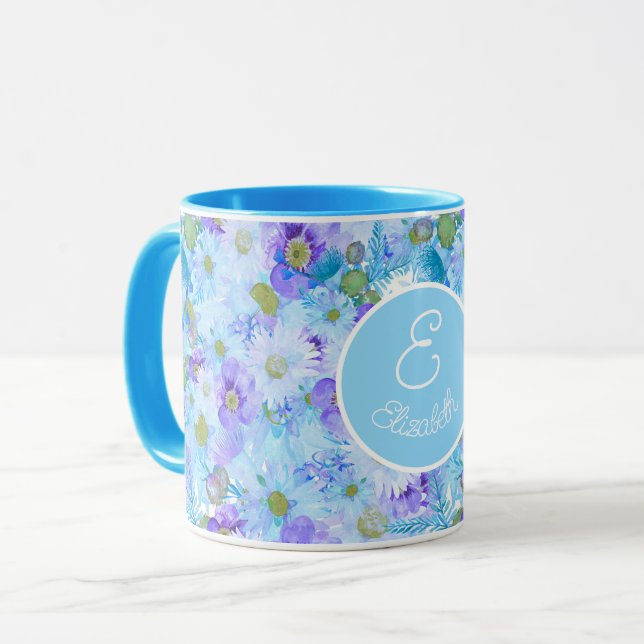 Monogrammed Bush Wildflower Romantic Blue Mug (Front Left)