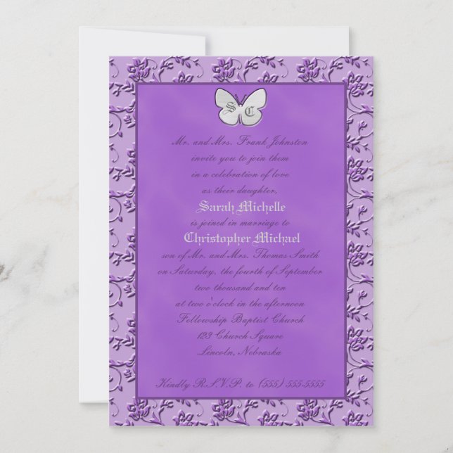 Monogrammed Butterfly on Purple Wedding Invitation (Front)