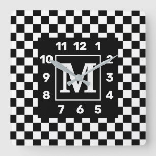 Monogrammed BW Checkered Square Wall Clock